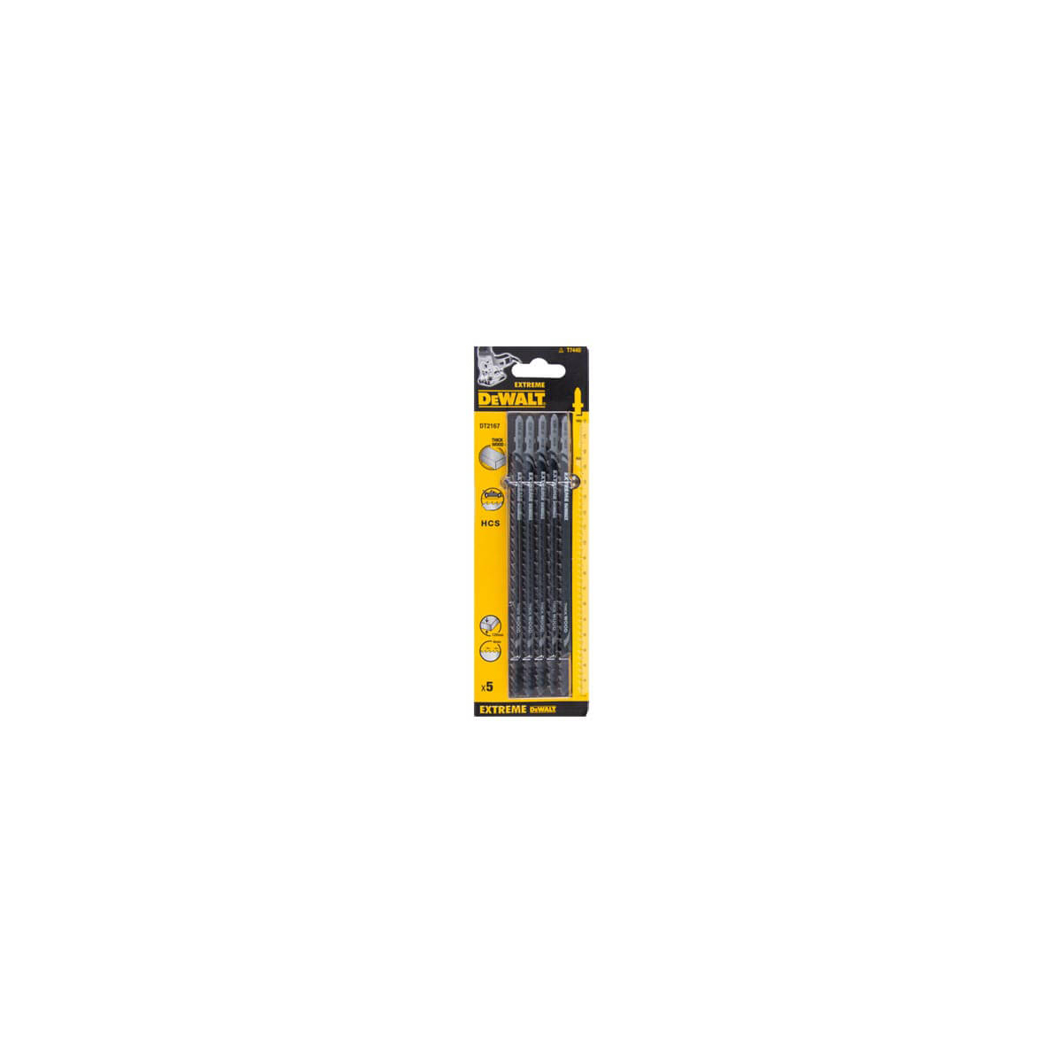 Полотно пильне DeWALT для деревини, швидке, грубе розпилювання, загальна довжина 180 мм, робоча довжина 155 мм, відстань між зубами 4 мм, матеріал застосування - товсті деревяні дошки, макс. глибина пропилу 120 мм, для лобзикових пил, упаковка 5 шт DT2167
