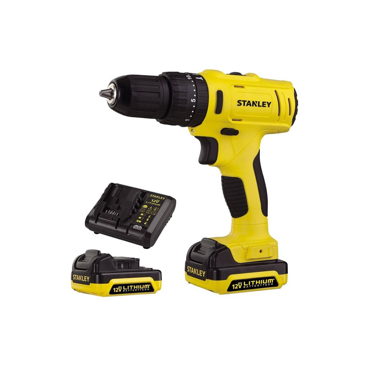 Дриль- шурупокрут STANLEY,  безщітковий, безударний, 12 В, 1.5 Аг, 26 Нм, 400-1500 об/хв, патрон 10 мм швидкозатискний, кількість швидкостей - 2, вага 1 кг, 2 акумулятора, зарядний пристрій, валіза SCD121S2K