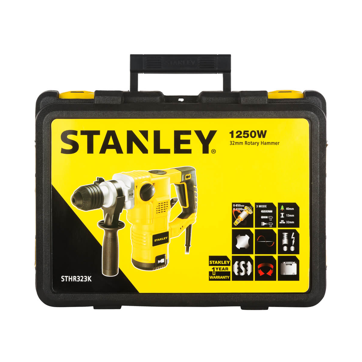 Перфоратор мережевий STANLEY, SDS-Plus, 1250 Вт, 3 режими, 3,2 Дж, 3 режими, 0-4100 уд/хв, 0-850 об/хв, валіза, вага 5.4 кг STHR323K