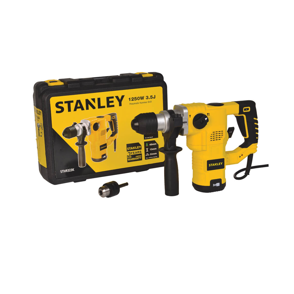 Перфоратор мережевий STANLEY, SDS-Plus, 1250 Вт, 3 режими, 3,2 Дж, 3 режими, 0-4100 уд/хв, 0-850 об/хв, валіза, вага 5.4 кг STHR323K