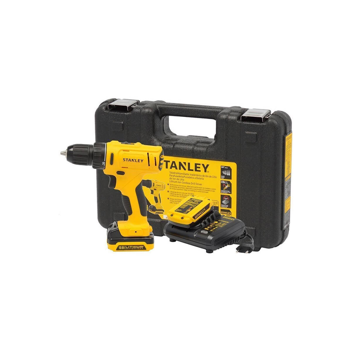 Дриль- шурупокрут STANLEY,  безщітковий, безударний, 12 В, 1.5 Аг, 26 Нм, 400-1500 об/хв, патрон 10 мм швидкозатискний, кількість швидкостей - 2, вага 1 кг, 2 акумулятора, зарядний пристрій, валіза SCD121S2K